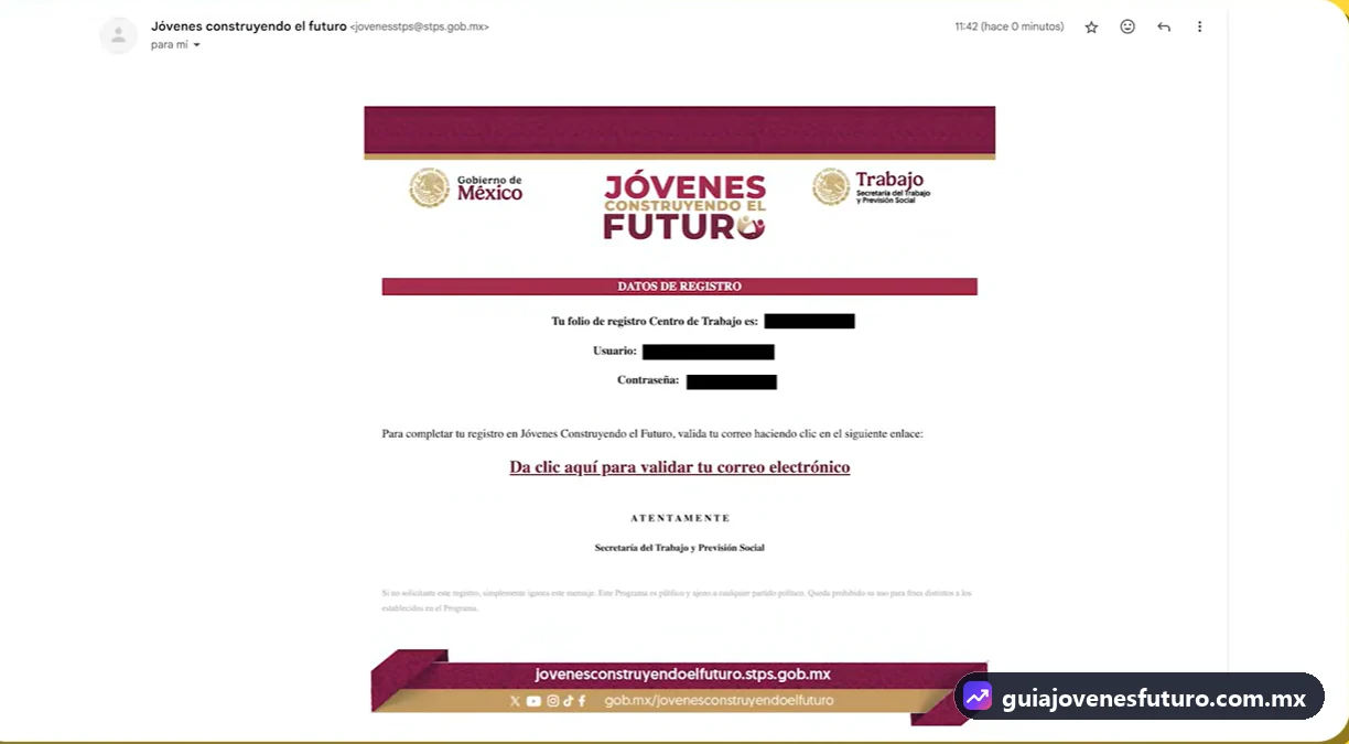 Correo de Jóvenes Construyendo el Futuro con los datos de registro del centro de trabajo y el enlace para validar el correo electrónico