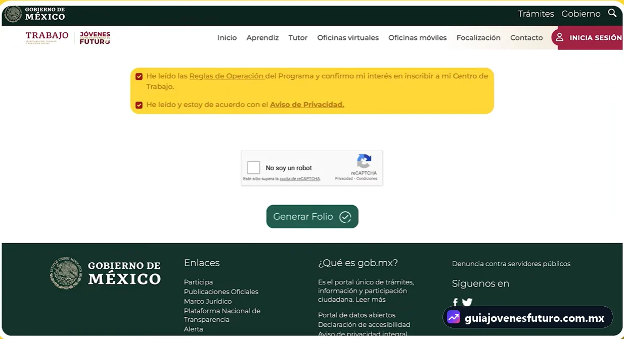 Casillas de aceptación de las Reglas de Operación y del Aviso de Privacidad, reCAPTCHA y botón Generar Folio de Jóvenes Construyendo el Futuro