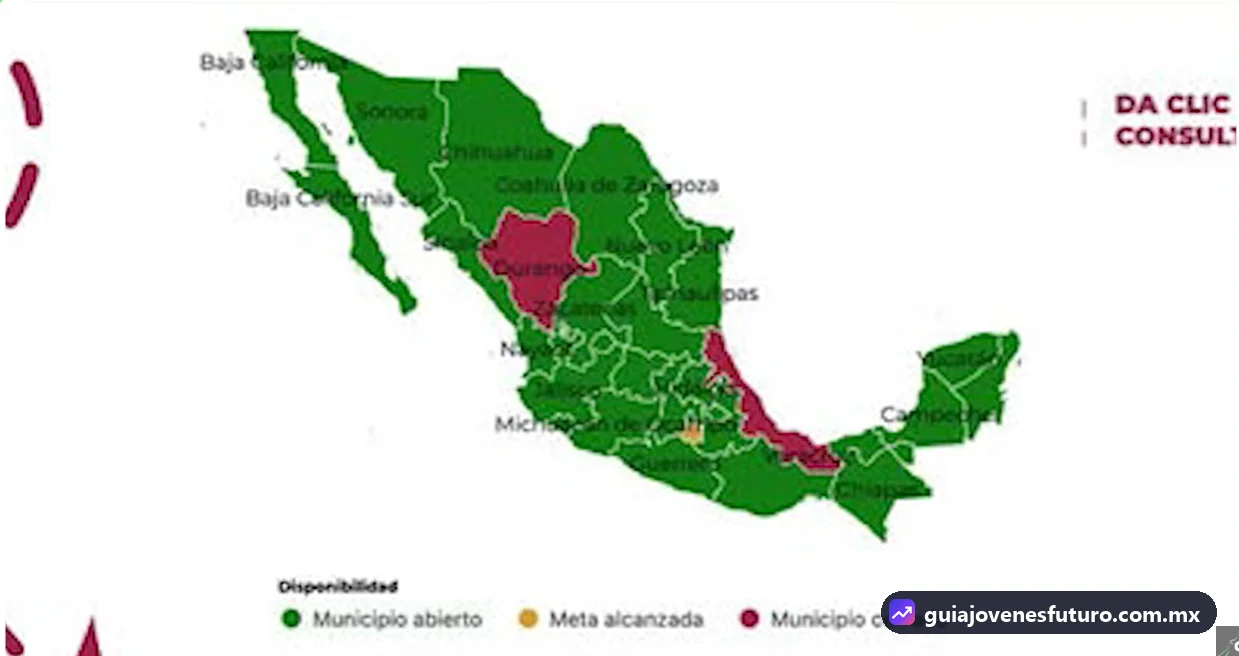 Mapa de México de Jóvenes Construyendo el Futuro que marca municipios abiertos en verde, con meta alcanzada en amarillo y cerrados en rojo