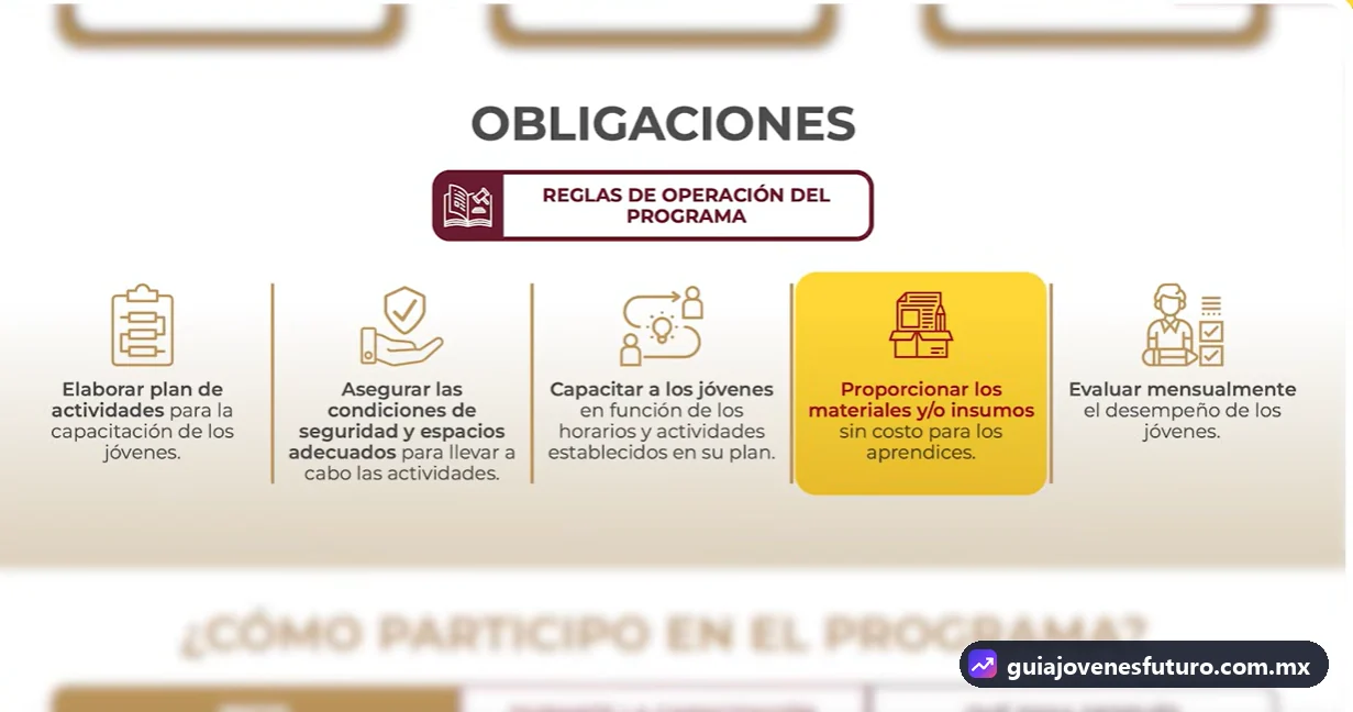 Obligaciones del centro de trabajo en Jóvenes Construyendo el Futuro: elaborar plan de actividades, asegurar condiciones de seguridad, capacitar, dar materiales sin costo y evaluar cada mes