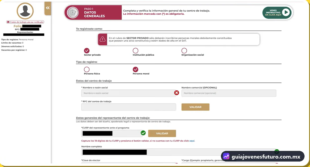 Paso 1 Datos generales del centro de trabajo en Jóvenes Construyendo el Futuro con sector privado, institución pública u organización social
