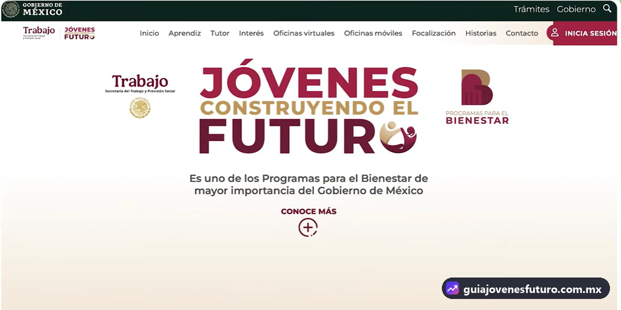 Página de inicio del portal oficial de Jóvenes Construyendo el Futuro con el logotipo de la Secretaría del Trabajo y el botón Inicia sesión