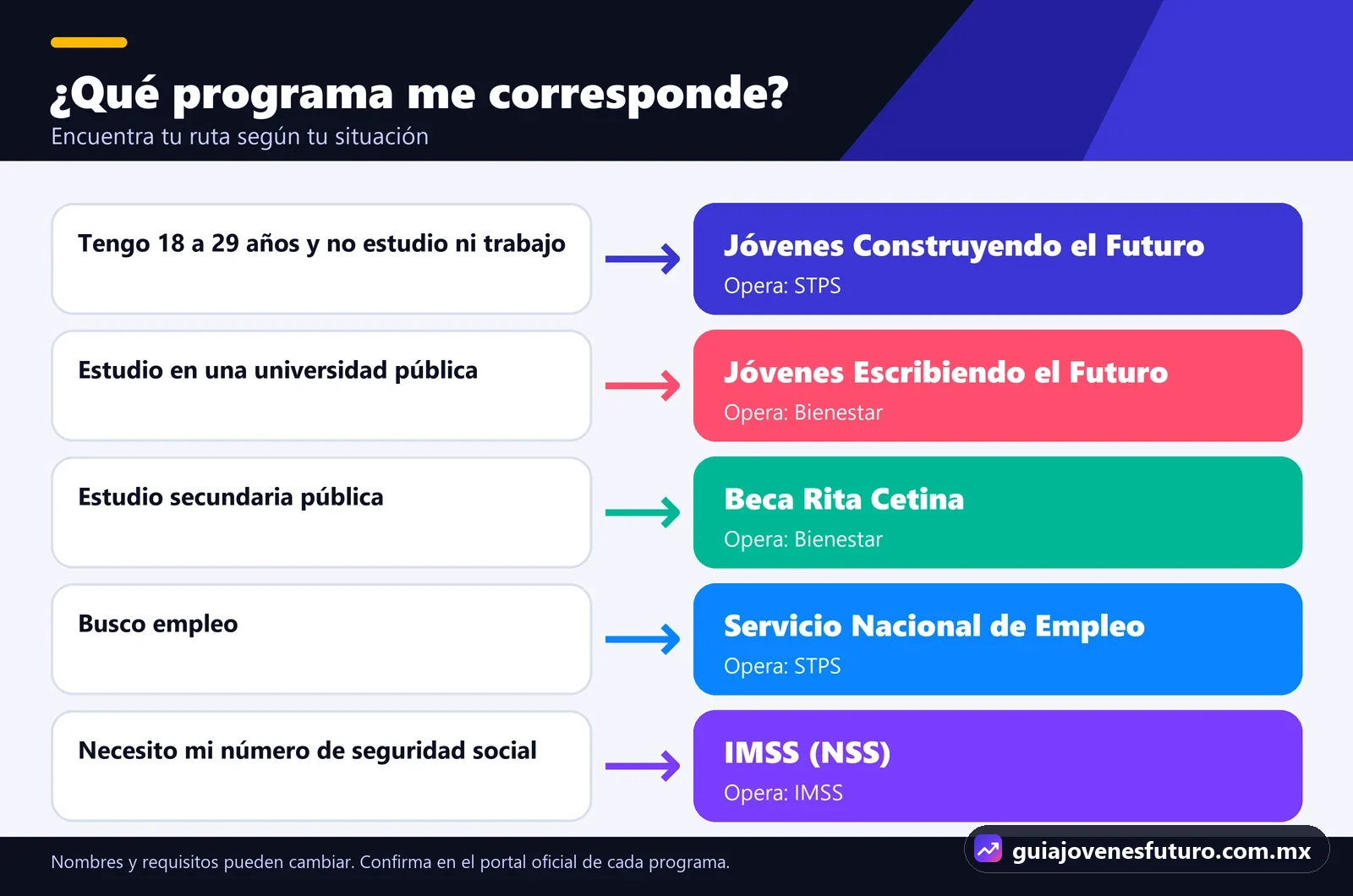 Infografía para saber qué programa te corresponde: Jóvenes Construyendo el Futuro, Jóvenes Escribiendo el Futuro, Beca Rita Cetina, Servicio Nacional de Empleo o IMSS